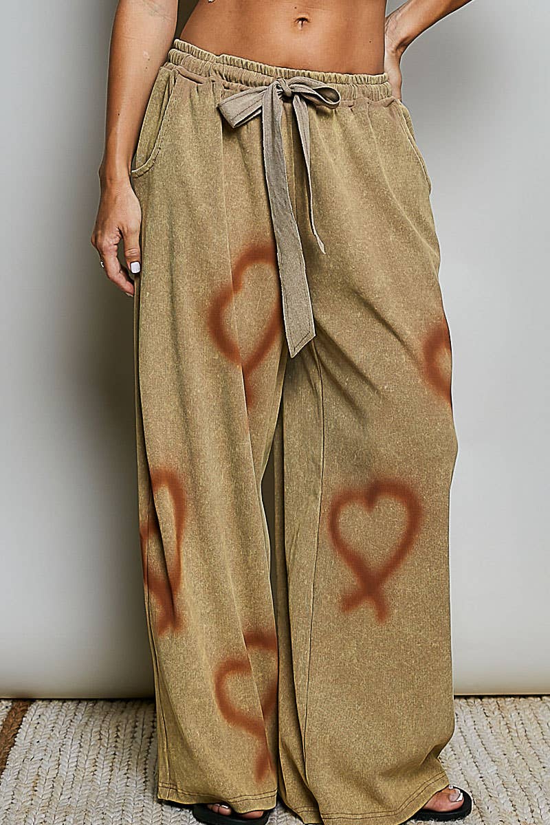 Elasticized Waistband Drawstring Ribbed Knit Wide Leg Pants