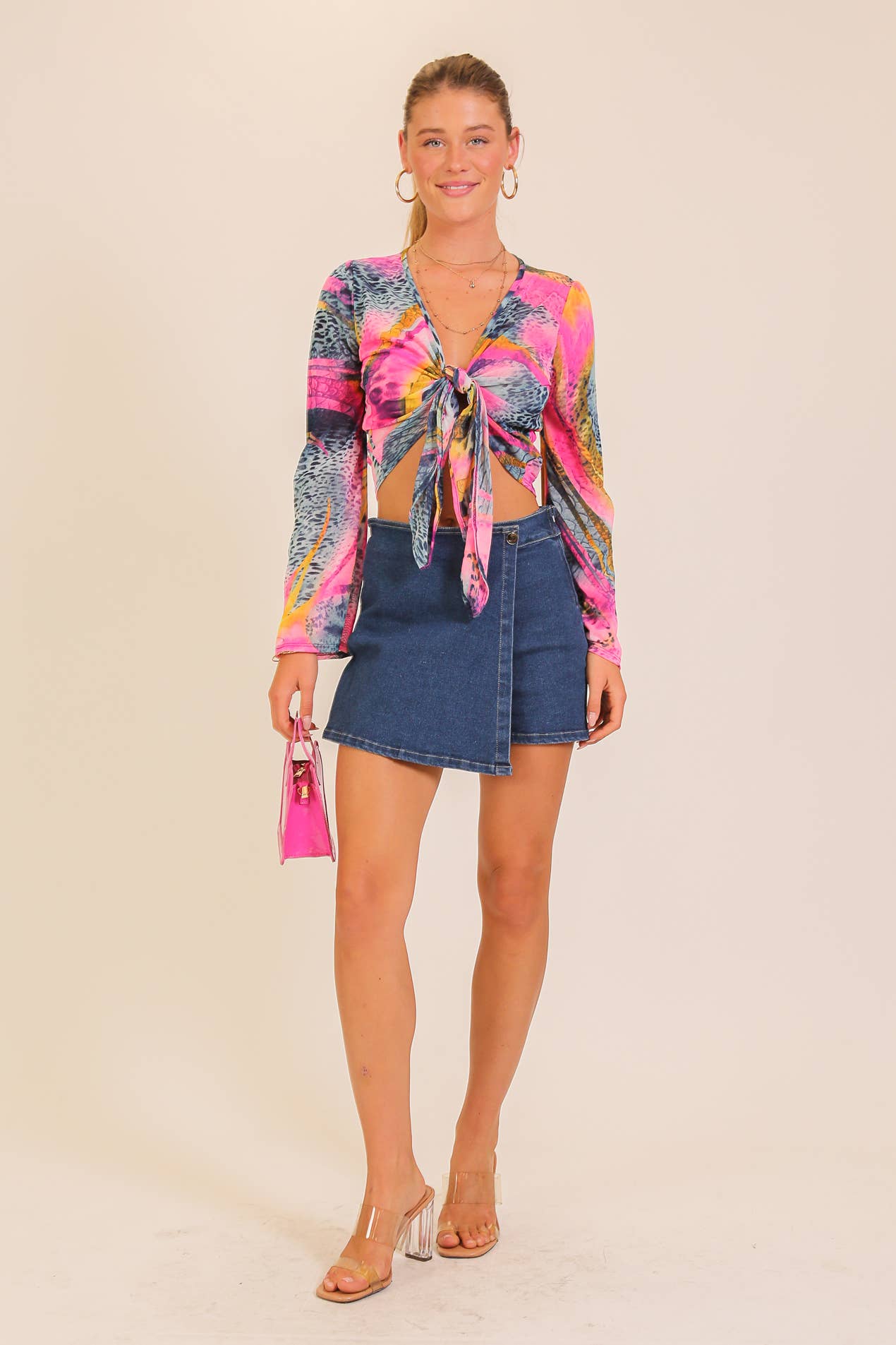 Sunset Mosaic Tie-Front Mesh Top