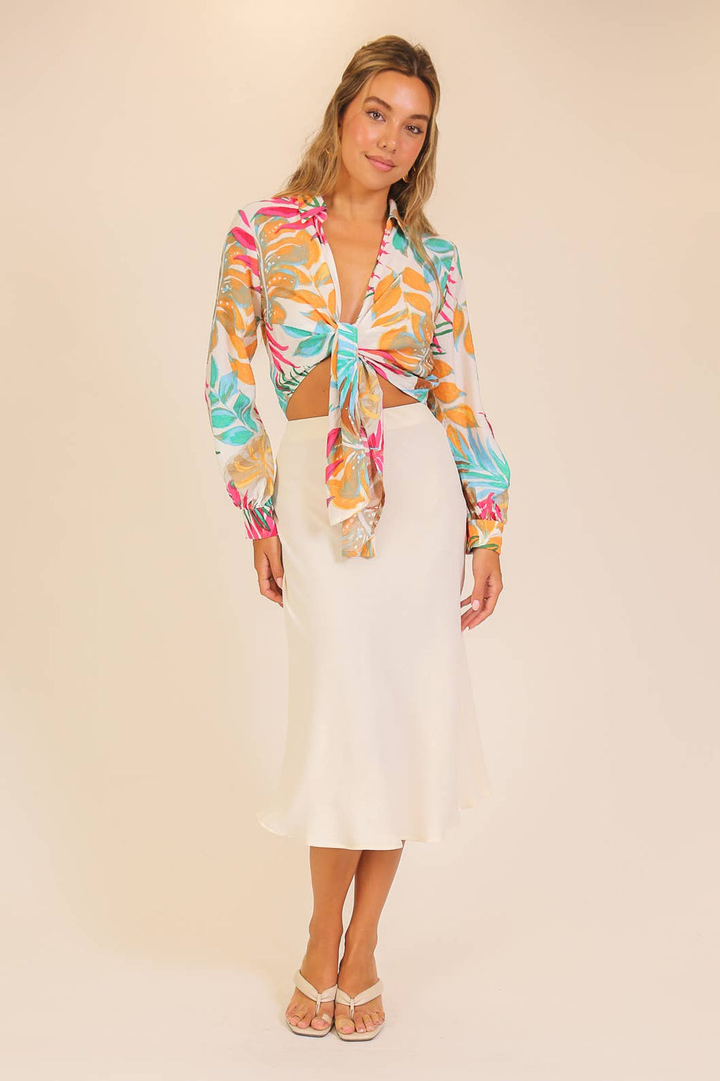 Tropical Print Tie-Front Blouse