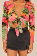 Sunset Mosaic Tie-Front Mesh Top