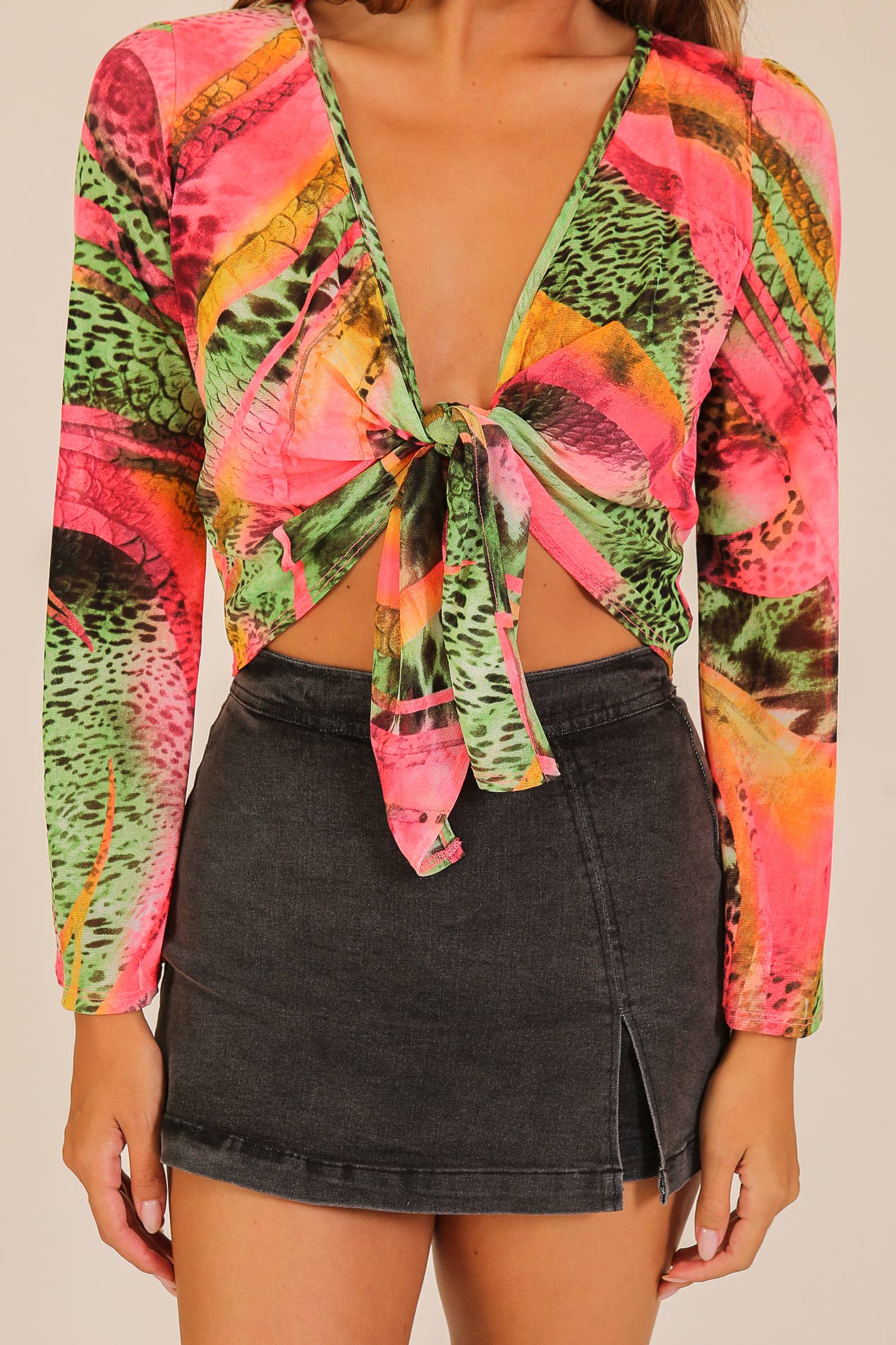 Sunset Mosaic Tie-Front Mesh Top