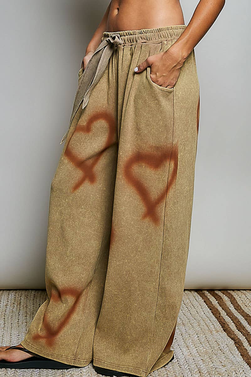 Elasticized Waistband Drawstring Ribbed Knit Wide Leg Pants