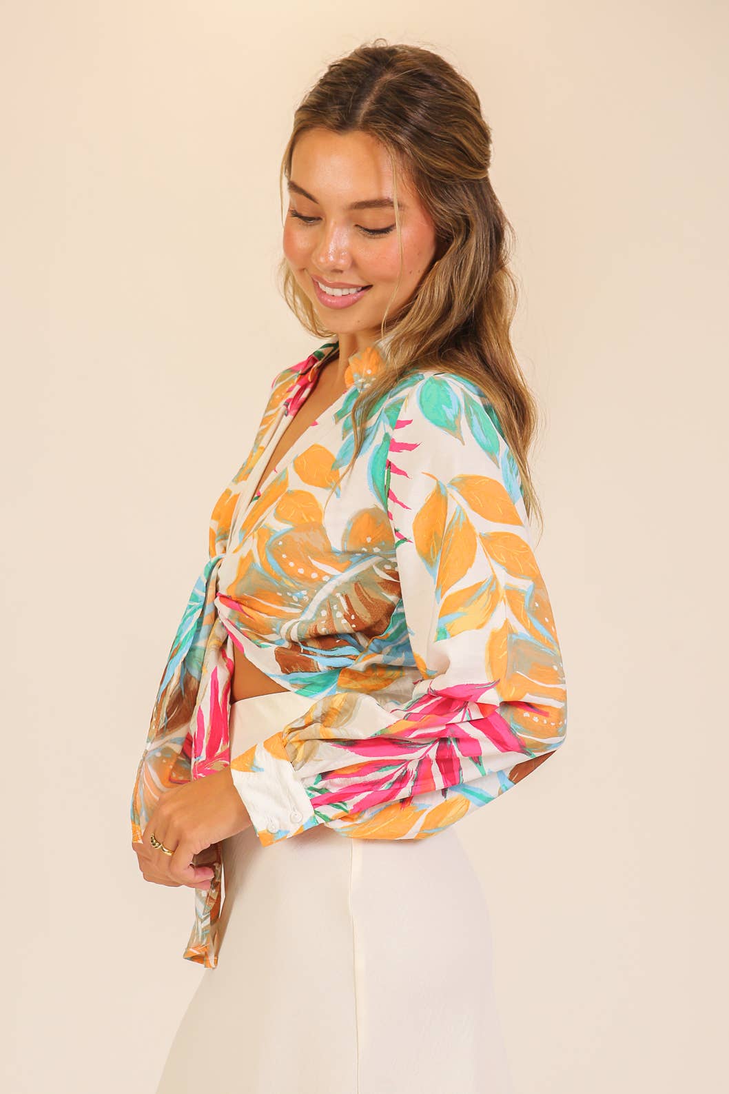Tropical Print Tie-Front Blouse