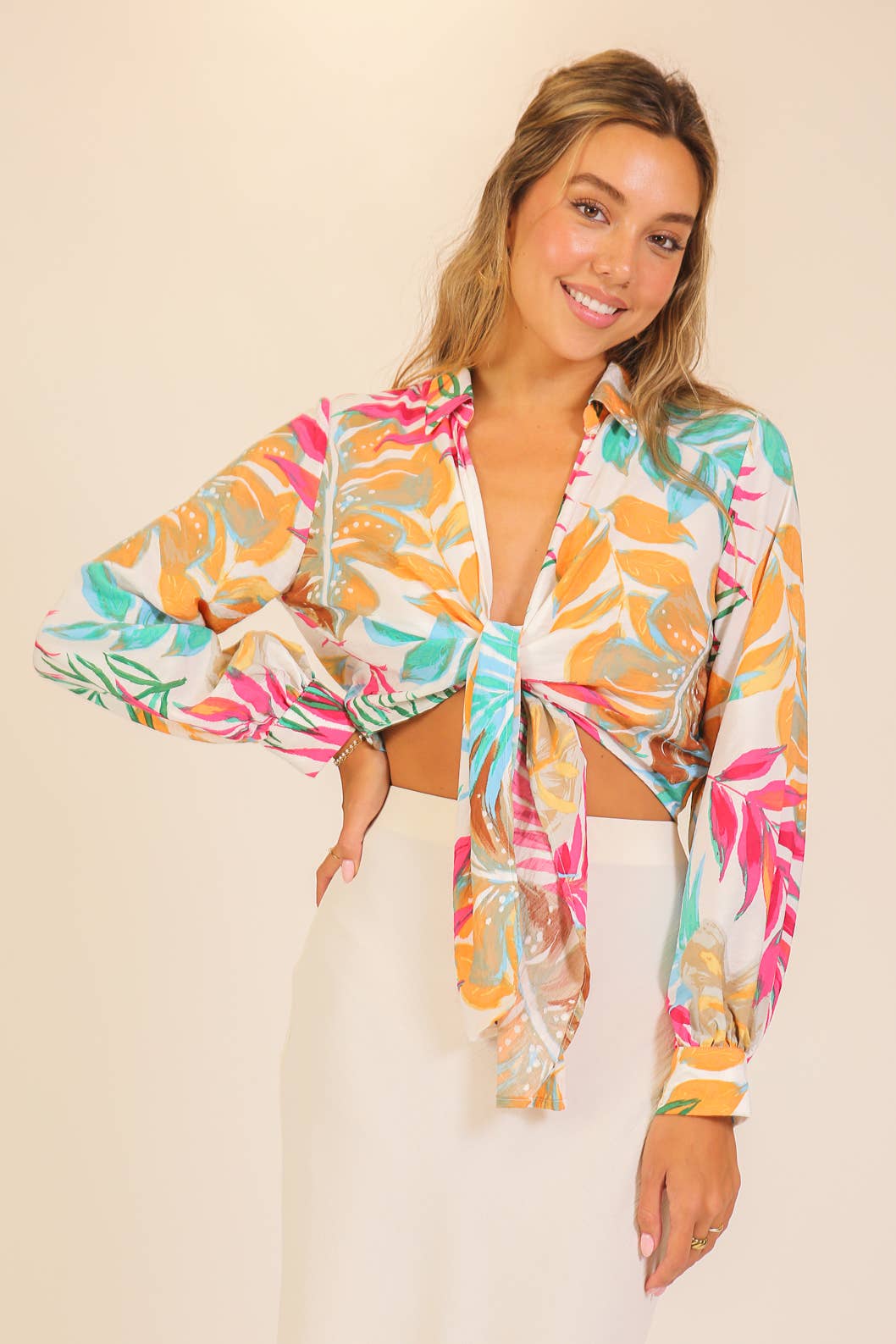 Tropical Print Tie-Front Blouse