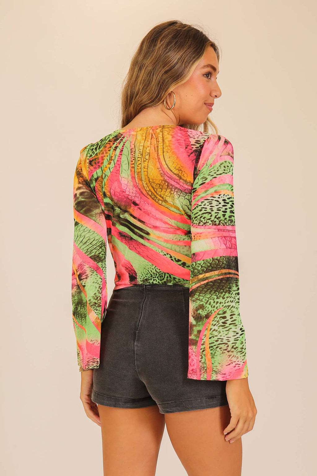 Sunset Mosaic Tie-Front Mesh Top