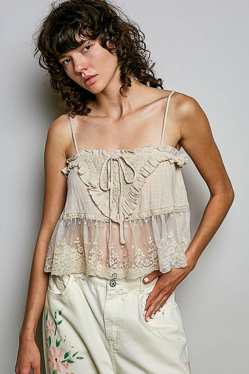 Airy Gauze Adjustable Strap Lace Ruffle Sleeveless Top