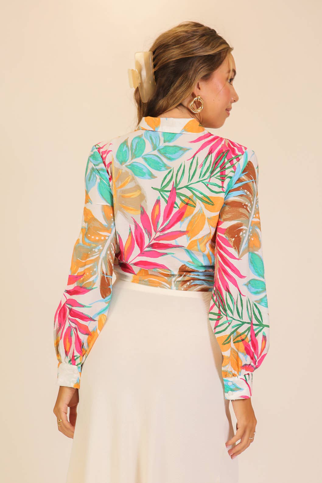 Tropical Print Tie-Front Blouse