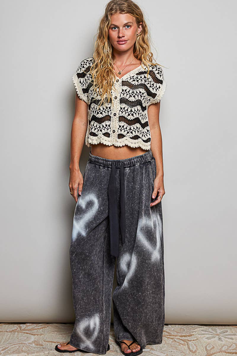 Elasticized Waistband Drawstring Ribbed Knit Wide Leg Pants
