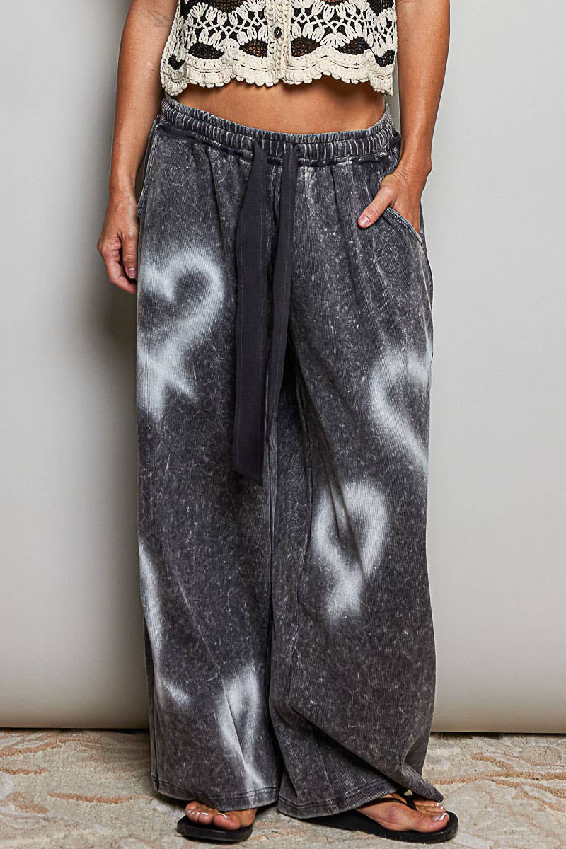 Elasticized Waistband Drawstring Ribbed Knit Wide Leg Pants