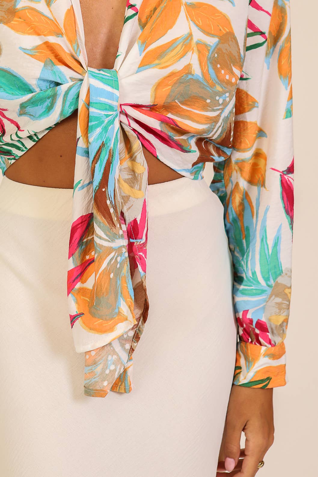Tropical Print Tie-Front Blouse