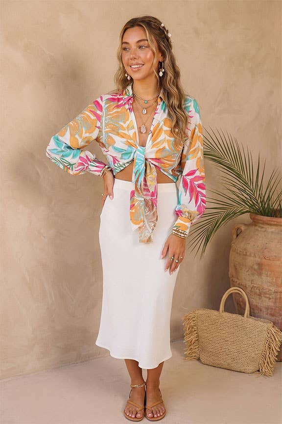 Tropical Print Tie-Front Blouse
